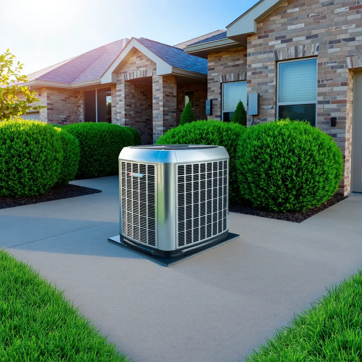 Installed energy-efficient HVAC system outside a modern brick house in Benbrook, TX, with lush greenery and a bright Texas sky.