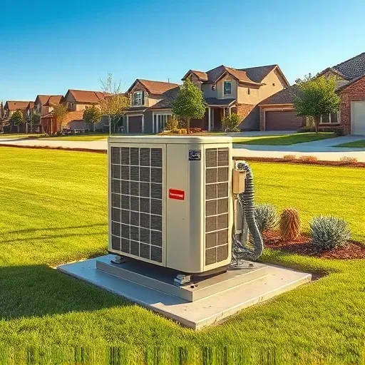 Freshly repaired outdoor air conditioning unit on a concrete pad in Northlake Texas with lush grass and neighborhood background