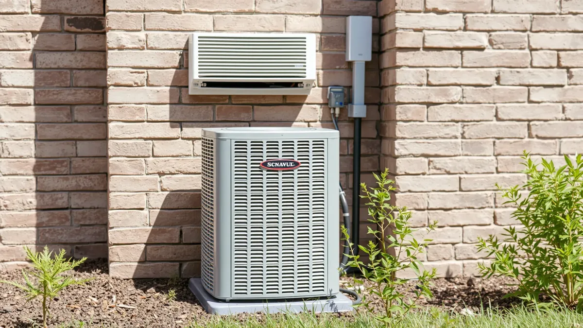 Modern residential AC unit on a brick house exterior in Richland Hills, TX, with clean lines and shiny metallic surface.