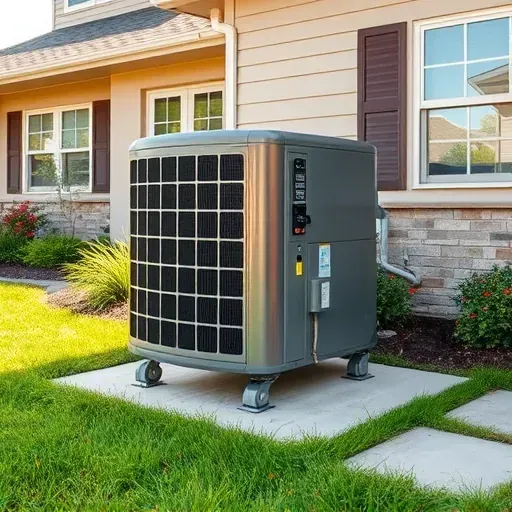 Residential outdoor AC unit on concrete pad, surrounded by lush landscaping in Lakeside, TX, under sunny, clear skies.