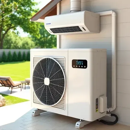 Freshly repaired air conditioning unit in a modern home with metallic fins, digital panel, and a tidy outdoor setting.