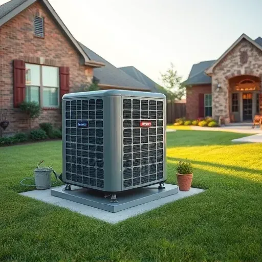 Serviced outdoor AC unit on a concrete pad in Benbrook, TX, with green lawn, houses, and garden elements.