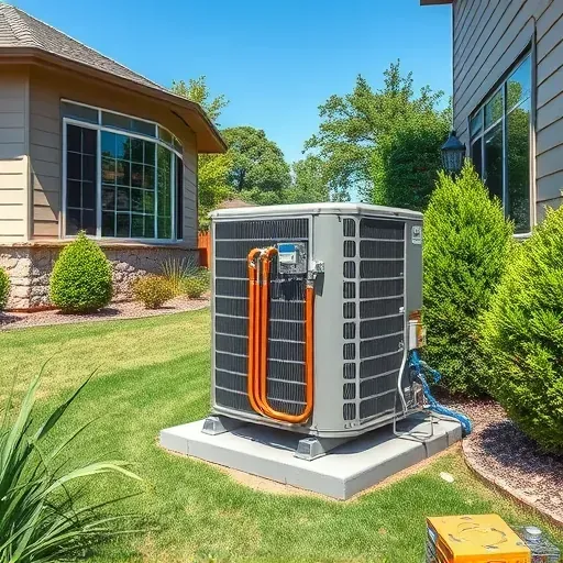 Professional outdoor HVAC unit installation in a lush backyard with modern house exterior, detailed components, and natural lighting