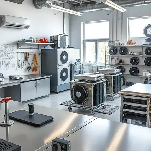 Modern HVAC repair workshop with organized tools, disassembled units, technical diagrams, and diagnostic equipment.