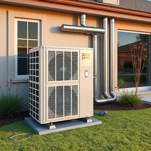 Modern HVAC installation in Haslet TX with sleek unit, neat ductwork, and a well-kept residential yard.