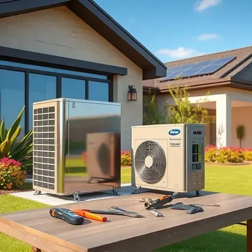 Freshly repaired energy-efficient air conditioning units on a modern Texas backyard with lush greenery and a stylish home