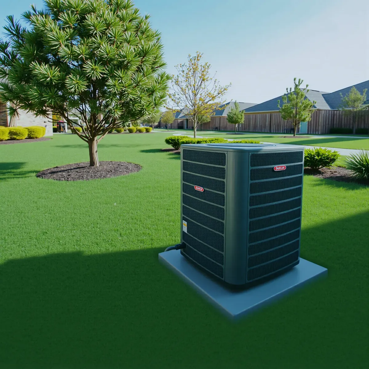Outdoor residential HVAC unit in Pecan Acres, TX with lush greenery and Texas landscape on sunny day.