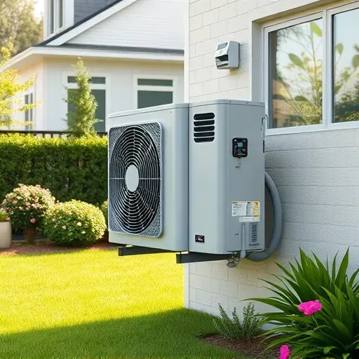 Freshly repaired modern air conditioning unit mounted on exterior wall of a well-kept backyard with a contemporary home and lush garden