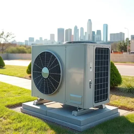 Professionally repaired air conditioning unit outdoors in Fort Worth, TX, against a skyline and well-kept landscape.