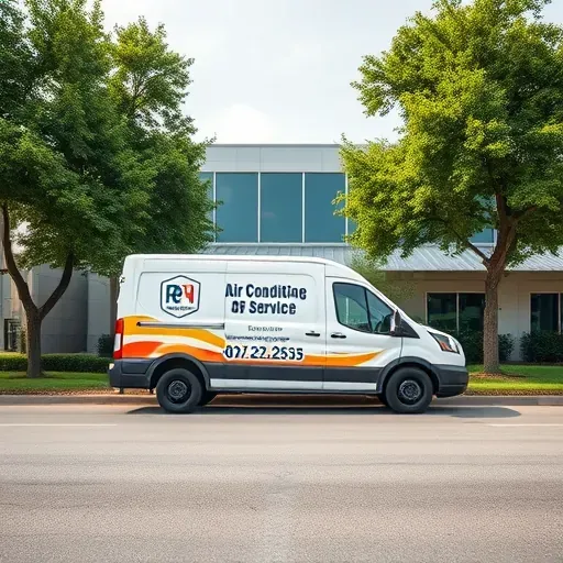Air conditioning repair van parked outside a modern commercial building in Forest Hill, TX, with clear branding and lush landscaping.