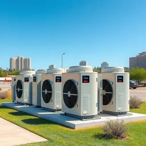 Modern outdoor heat pumps with metallic surfaces and digital controls installed on concrete pad in Fort Worth Texas with blue sky and landscape