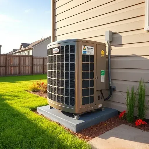 Serviced high-efficiency air conditioning unit on a home's exterior in Saginaw TX with lush landscaping and sunny sky