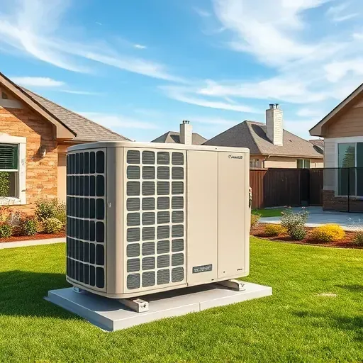 Outdoor HVAC system in Azle, TX, with sleek metallic components, lush yard, and clear blue sky, showcasing quality craftsmanship.