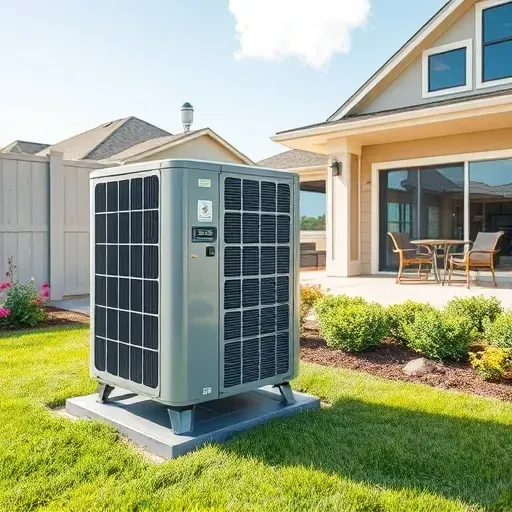 Modern outdoor energy-efficient air conditioning unit installed in a landscaped Azle Texas backyard with a modern home and patio
