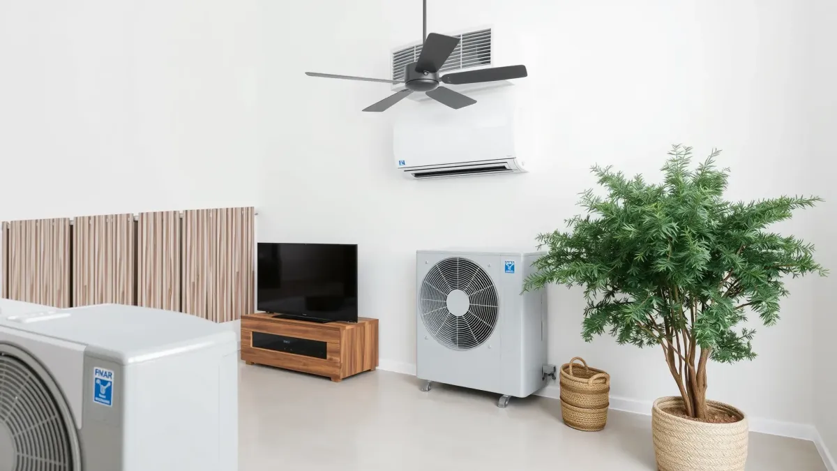 Outdoor residential AC unit in a landscaped backyard, showcasing professional installation and well-maintained HVAC equipment.
