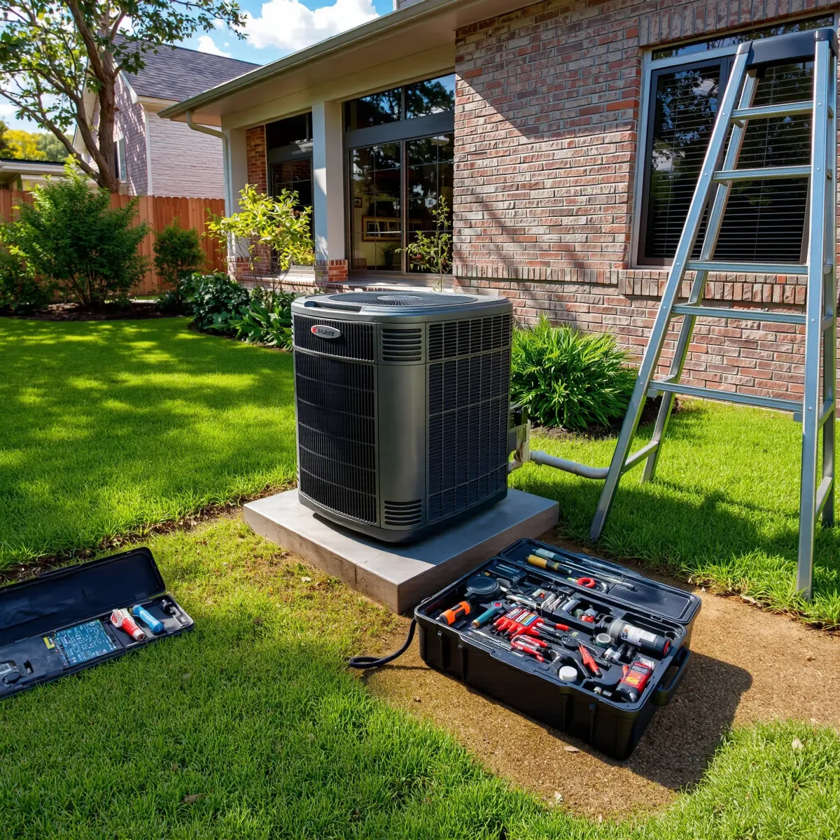 Outdoor AC repair scene in River Oaks, TX with a serviced unit, tools, ladder, and lush backyard landscaping.