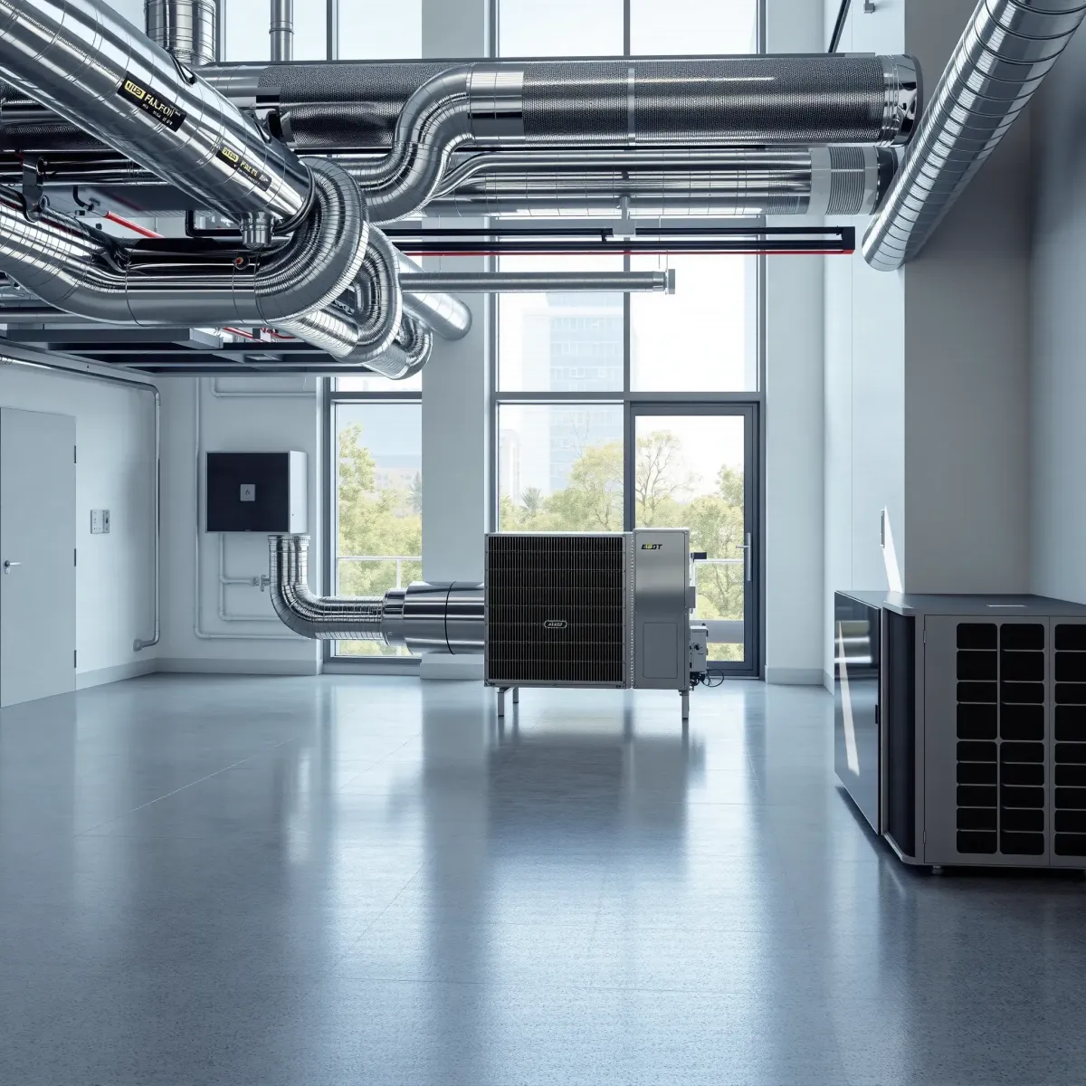Modern commercial HVAC system with sleek ducts and eco-friendly components in a Watauga, TX building interior.