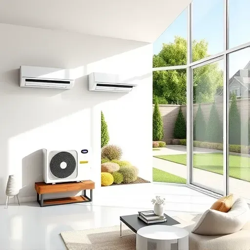 Modern ductless mini-split indoor and outdoor units installed in a clean suburban living room and backyard in Fort Worth Texas