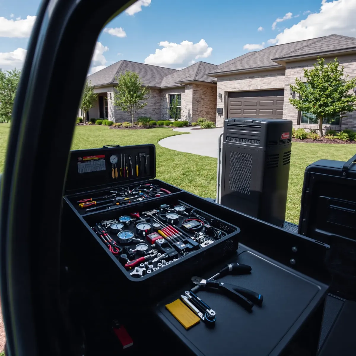 Professional A/C repair scene in Hudson Oaks, TX featuring a modern outdoor unit, landscaped yard, and suburban home.