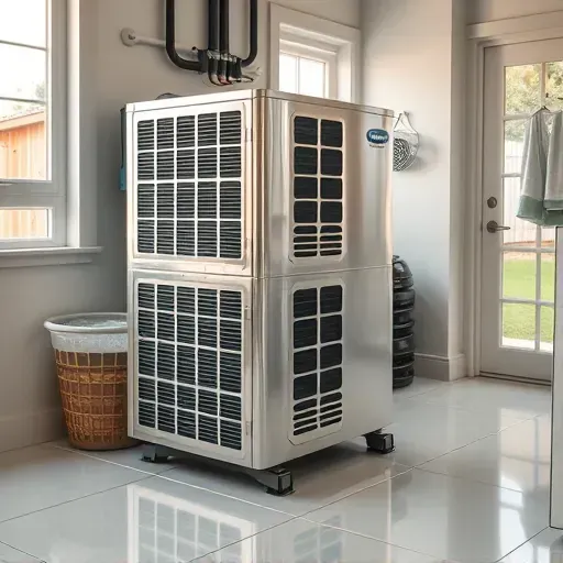 Professionally repaired air conditioning system in a modern Watauga TX laundry room with bright natural light.