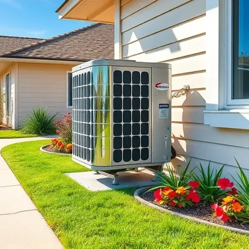 Freshly repaired outdoor air conditioning unit on landscaped lawn outside a home in Pecan Acres Texas under bright sunlight
