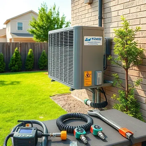 Professional air conditioning repair scene in Everman Texas with a modern HVAC unit, tools, and a clean suburban backyard