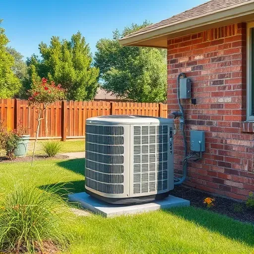 Close-up of a mounted outdoor AC unit on a Springtown, TX home, showing copper coils, wiring, condensation droplets, and Texas landscape.
