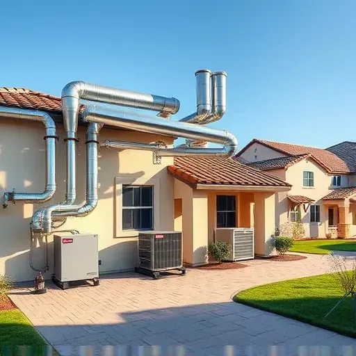 HVAC system with painted ductwork, sleek vents, high-efficiency units, and Texas-style exterior in a sunny suburban setting.