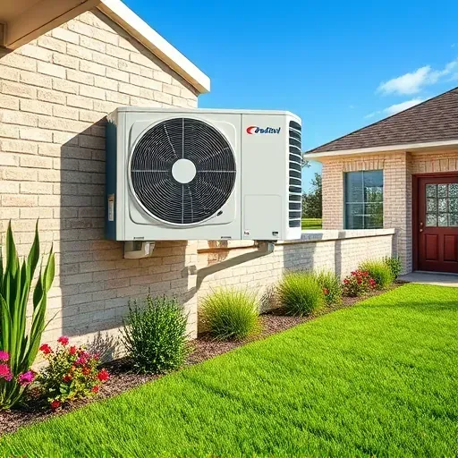 Freshly repaired AC unit installed on a brick wall in a landscaped yard of a modern home in Western Lake TX