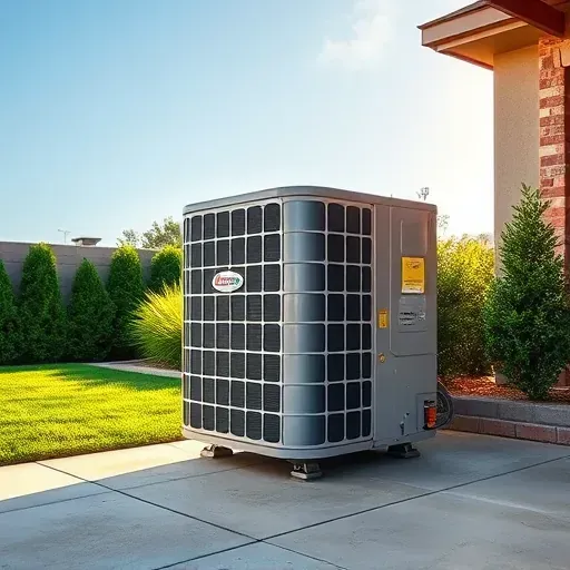 Freshly repaired air conditioning unit in Fort Worth TX's backyard, showcasing sleek design amid green grass and clear sky.