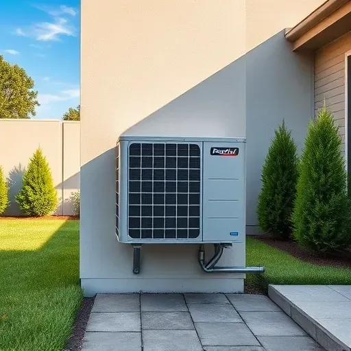 Serviced air conditioning unit on a clean exterior wall in a lush backyard, showcasing professional HVAC installation.