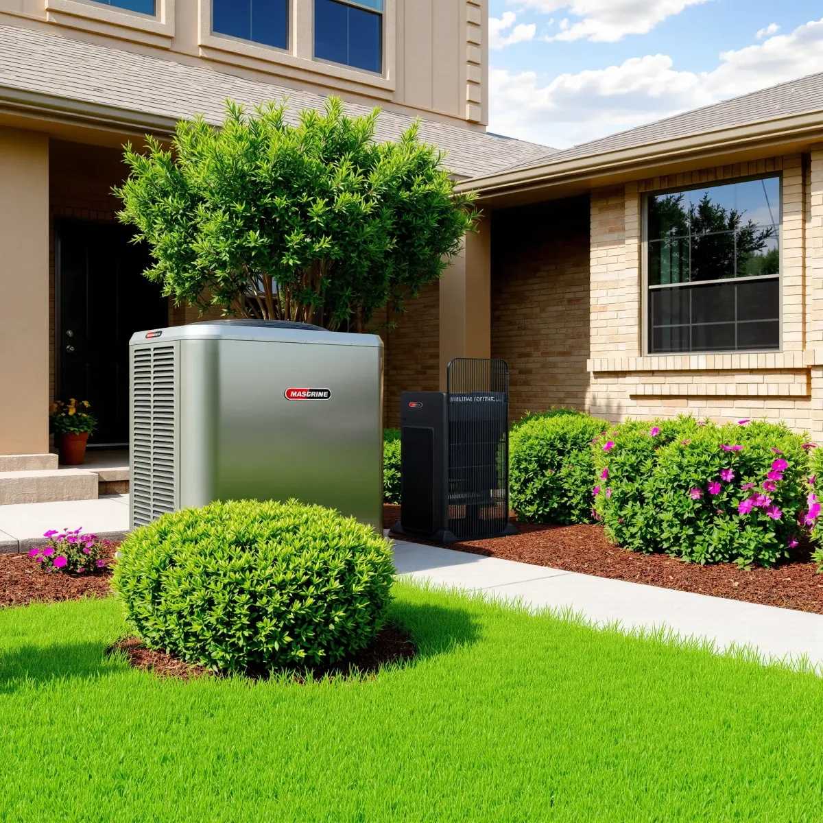 Residential HVAC system installed in Edgecliff Village, TX with landscaped yard, sunny sky, and well-maintained house exterior.