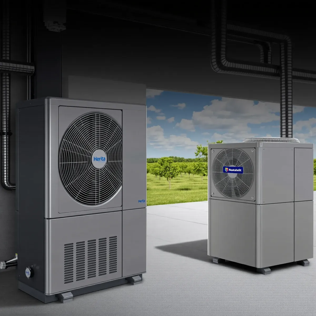 Outdoor modern HVAC system with sleek units, detailed metal surfaces, lush landscape, and a contemporary building background.