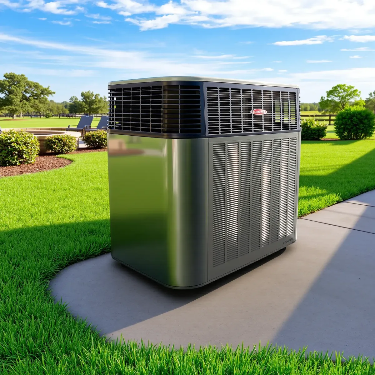 Close-up of a clean, well-maintained outdoor air conditioning unit on a modern home's exterior wall in Western Lake, TX.