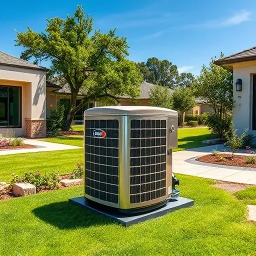 Pristine outdoor air conditioning unit installed on a modern home in North Richland Hills Texas with landscaped yard and blue sky