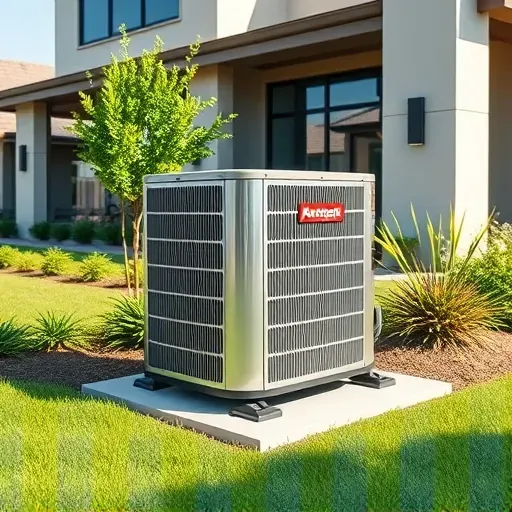 Pristine AC unit on concrete pad outside modern Texas home, surrounded by greenery, clean lines, and bright daylight.