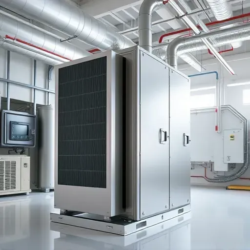 Modern commercial HVAC system in a clean mechanical room, highlighting durable, efficient unit with organized ductwork.