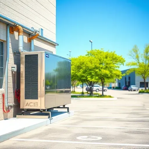 HVAC unit on a modern commercial building in Springtown, TX, with blue skies, green trees, and a tidy parking lot.