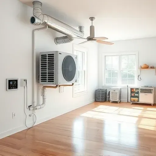 Modern residential HVAC system with sleek ductwork, thermostat, and organized equipment in a bright, tidy space.