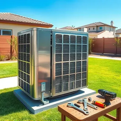 Freshly repaired outdoor AC unit in Annetta, TX backyard with lush grass, desert plants, tools, and clean, professional installation.