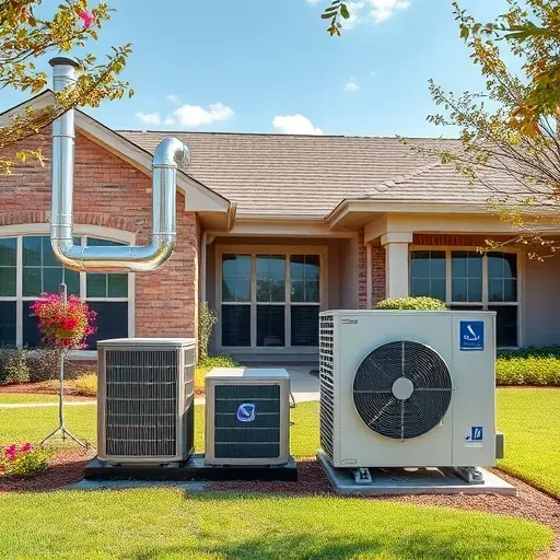 Completed HVAC installation in Rendon TX with modern units, ductwork, and a landscaped yard under a clear sky.