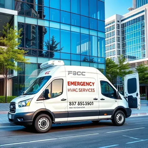 Emergency HVAC service van with branding outside a modern Fort Worth building in a clean urban setting