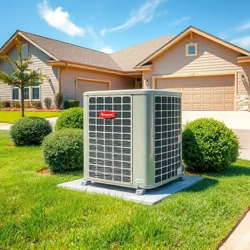 Outdoor HVAC unit in Pecan Acres, TX, with lush lawn, trimmed bushes, sunny sky, and a modern home backdrop.