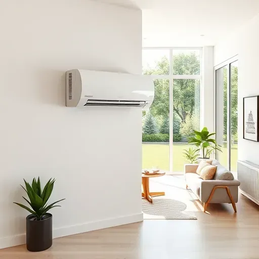 Modern home interior with sleek ductless mini-split air conditioner mounted on neutral wall amid bright living space and lush backyard