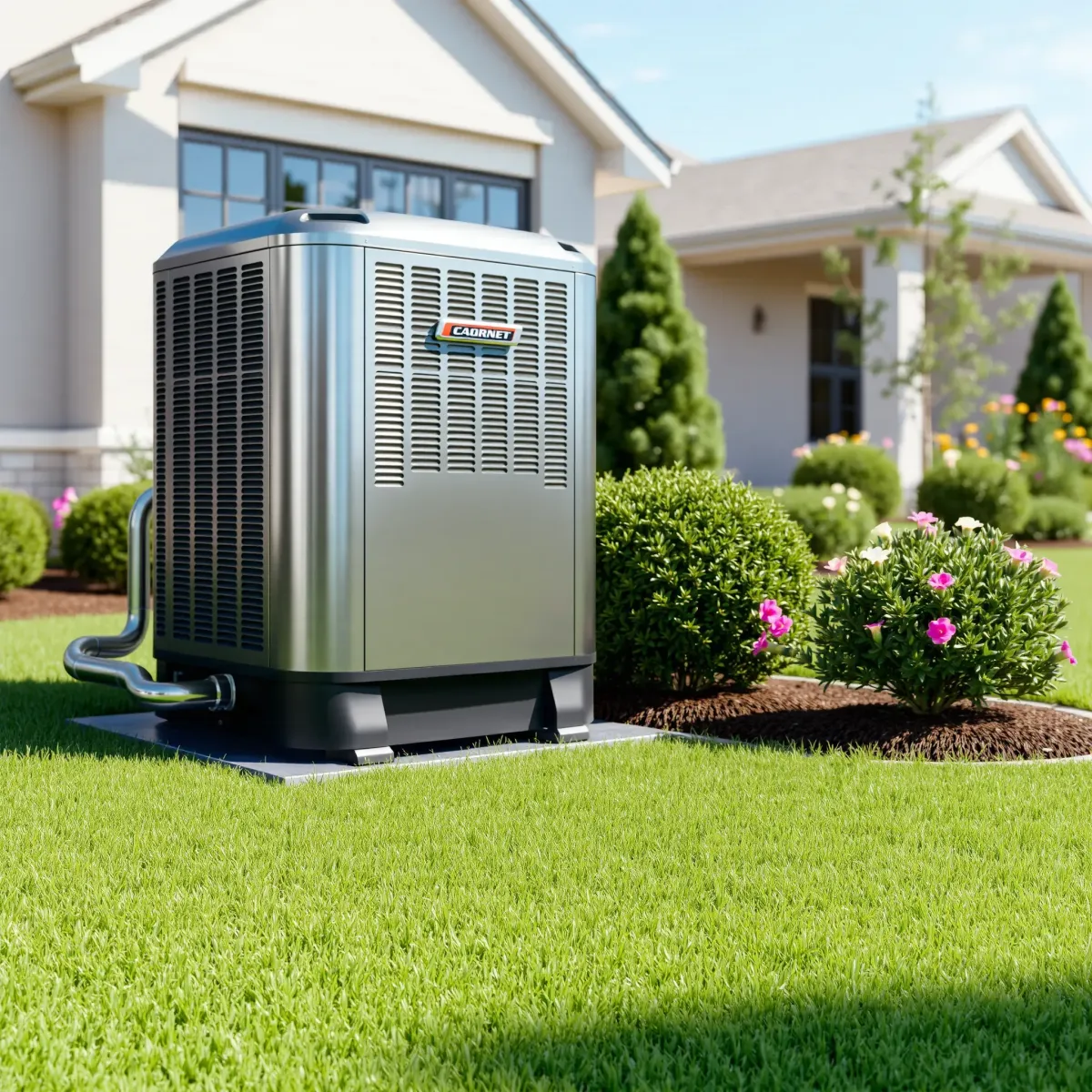 Outdoor installed HVAC unit in Westworth Village, TX with landscaped yard, modern home, and clear blue sky.