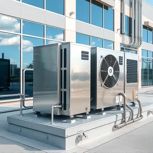 Commercial HVAC installation in Fort Worth TX showing sleek metal units, organized electrical conduits, and modern building facade