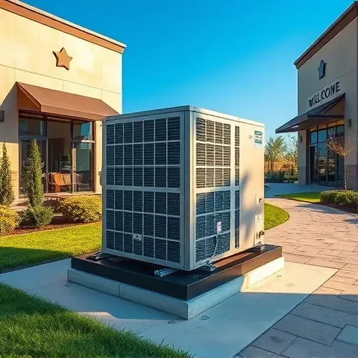HVAC system installed outside a well-maintained building in Hudson Oaks, TX, with lush landscaping and modern design features.