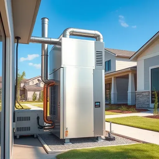 Modern residential HVAC installation in Kennedale, TX; sleek metallic unit with ductwork, lush landscape, sunny day backdrop.