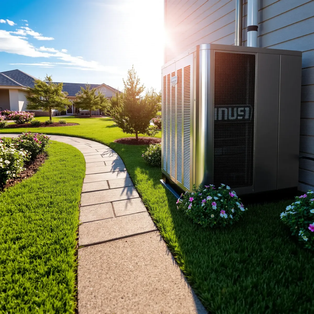 Modern HVAC system on a Springtown rooftop with sleek design, sensors, wiring, and clear blue sky background.