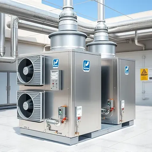 Meticulously installed HVAC system in a modern commercial building with polished metallic units, organized ductwork, and safety labels.